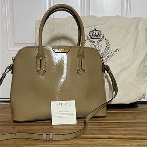 Lauren Ralph Lauren Olive-Tan Patent Leather Satchel with Detachable Strap